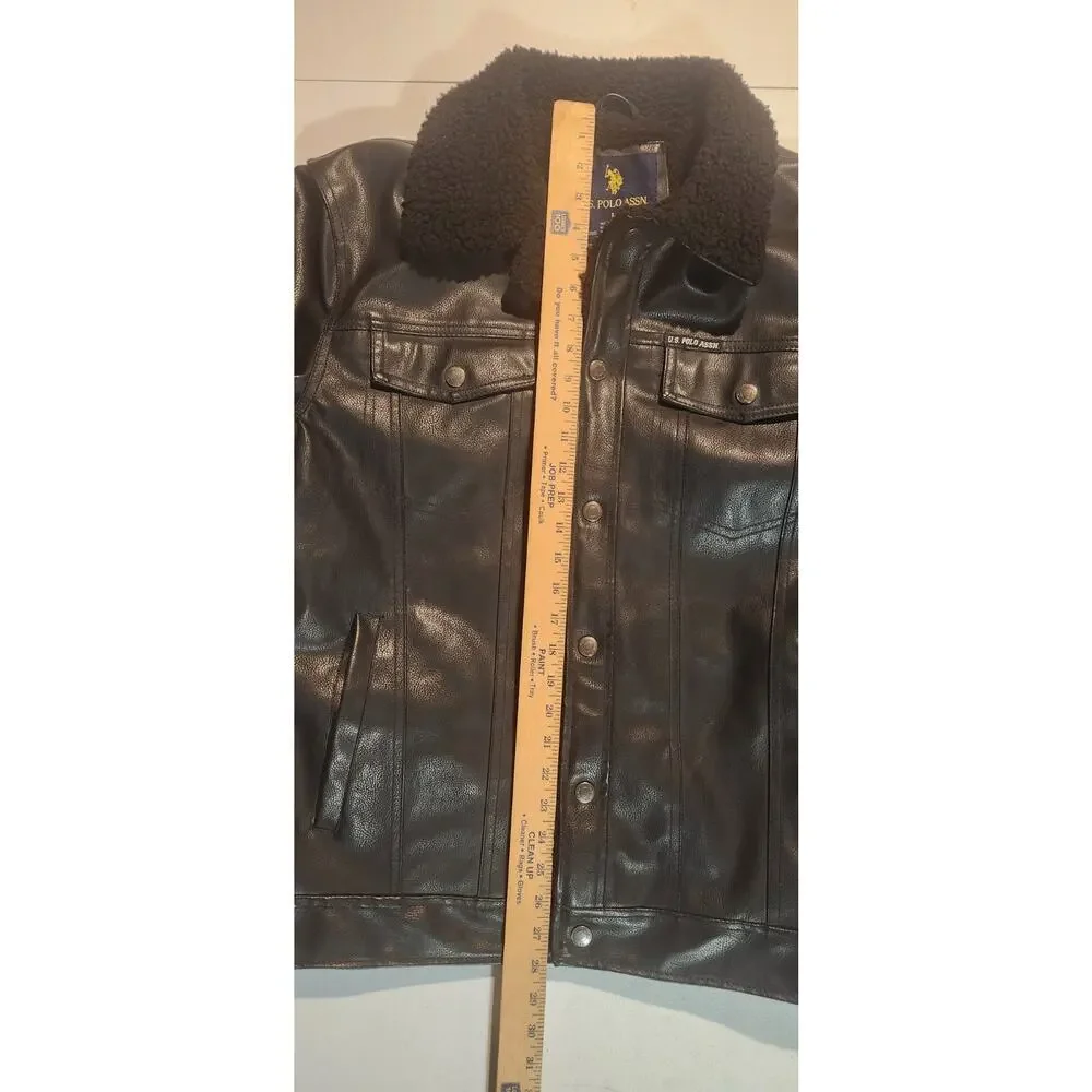 U.S. POLO MEN'S BLACK FAUX LEATHER MOTORCYCLE SHERPA PVC COAT JACKET SIZE L